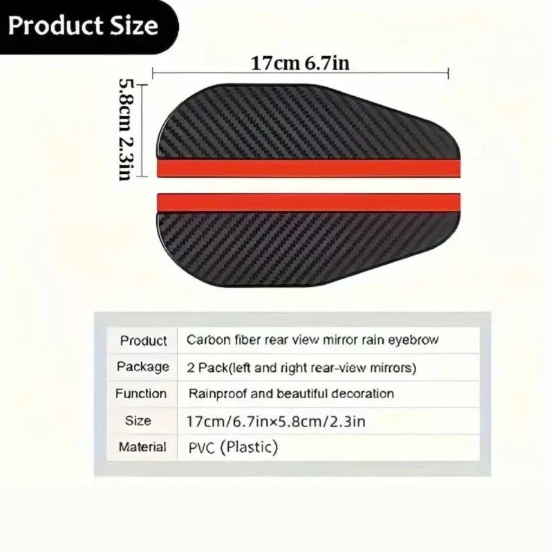 A black carbon fiber rain shield designed for a car's rearview mirror, measuring 17cm x 5.8cm.