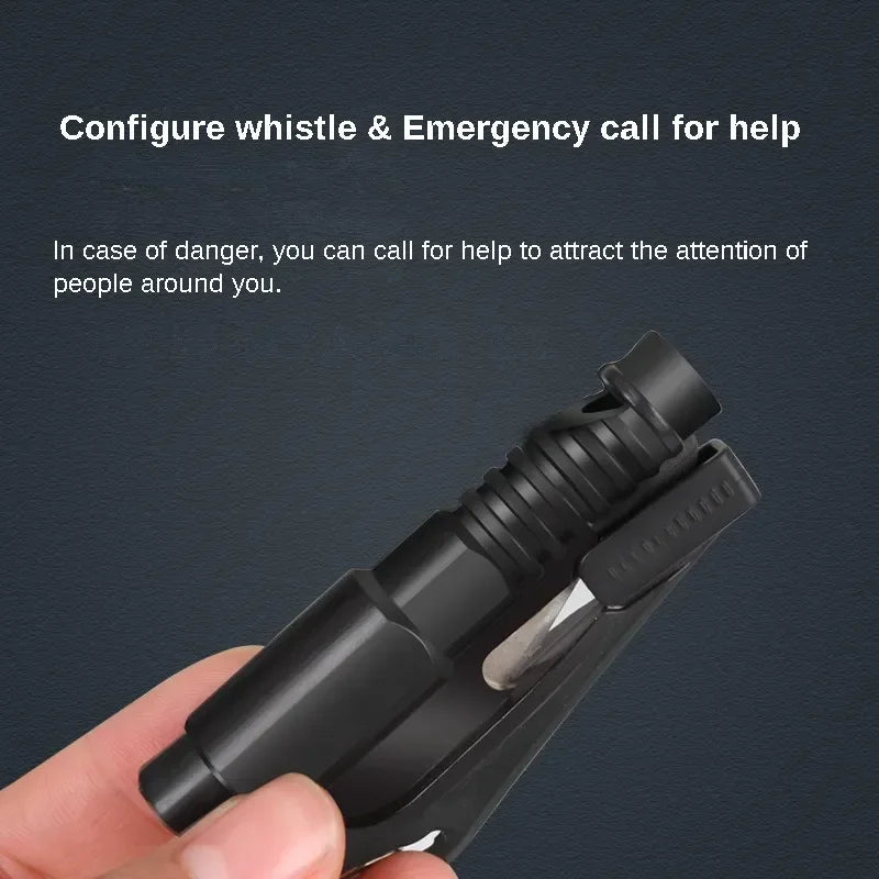 A hand holds a black whistle and emergency call device, showing how to configure it for help.
