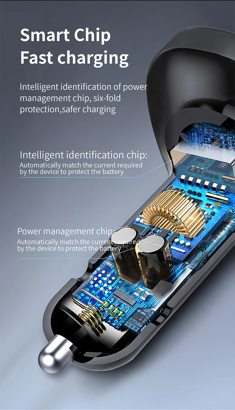 Close-up view of a Bluetooth FM transmitter for car audio showing the internal power management chip and battery protection f