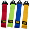 Four heavy-duty bumper tow hooks with colored ropes in red, lime green, blue, and yellow.