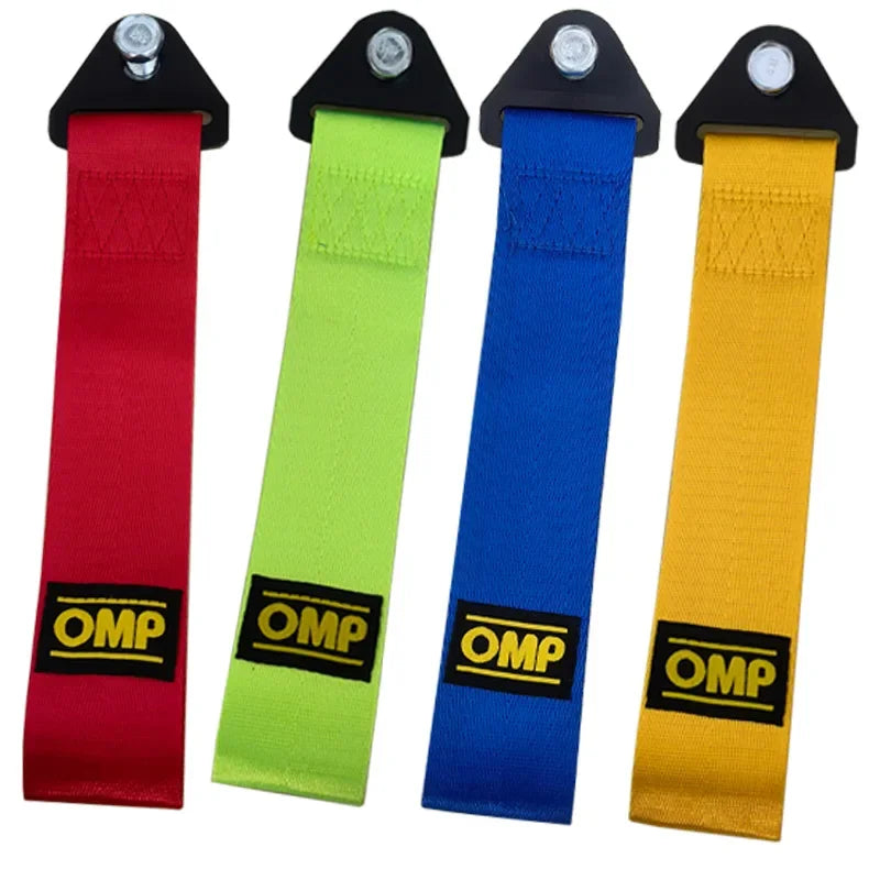 Four heavy-duty bumper tow hooks with colored ropes in red, lime green, blue, and yellow.