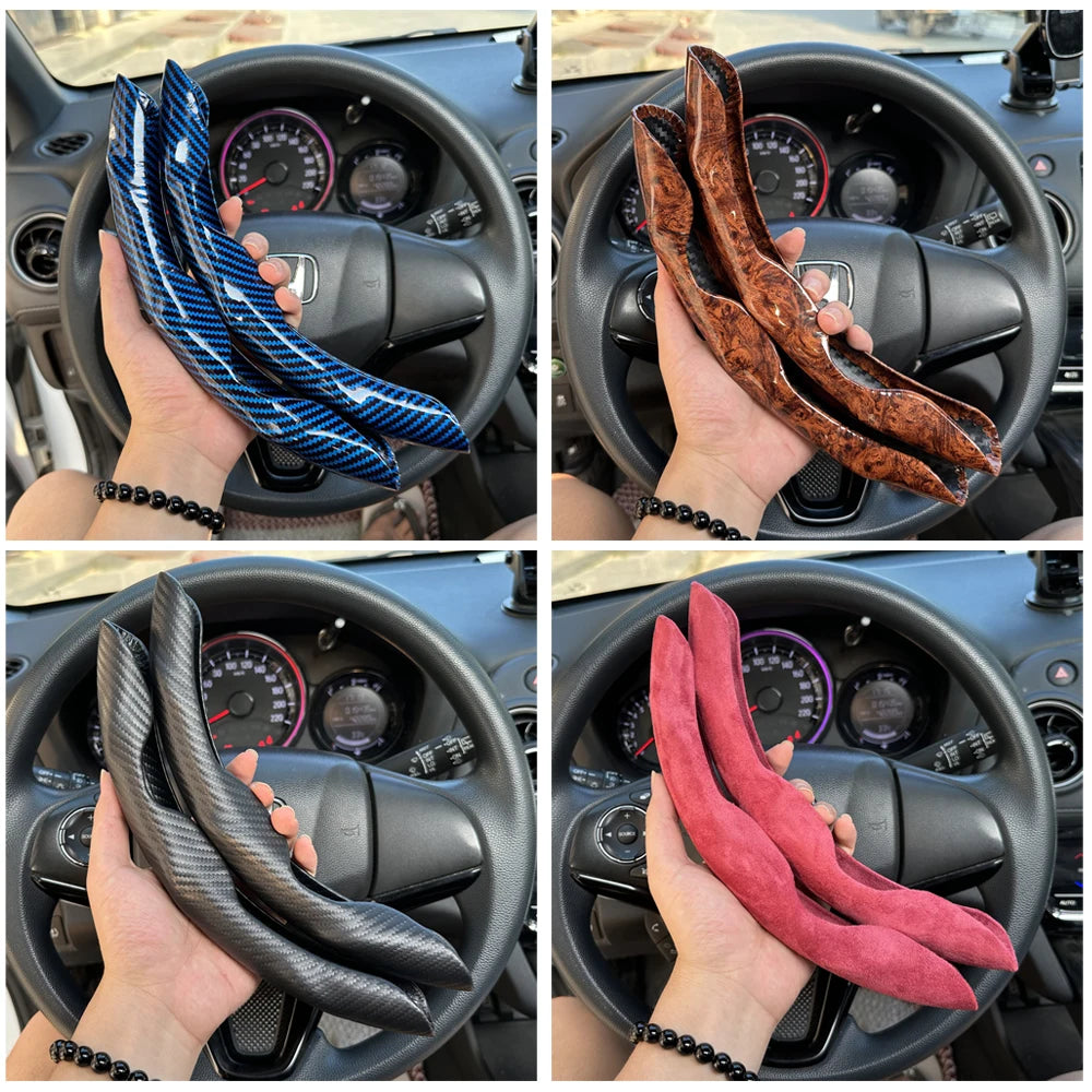 Hands holding a black and blue universal car steering wheel booster cover inside a car's steering wheel.