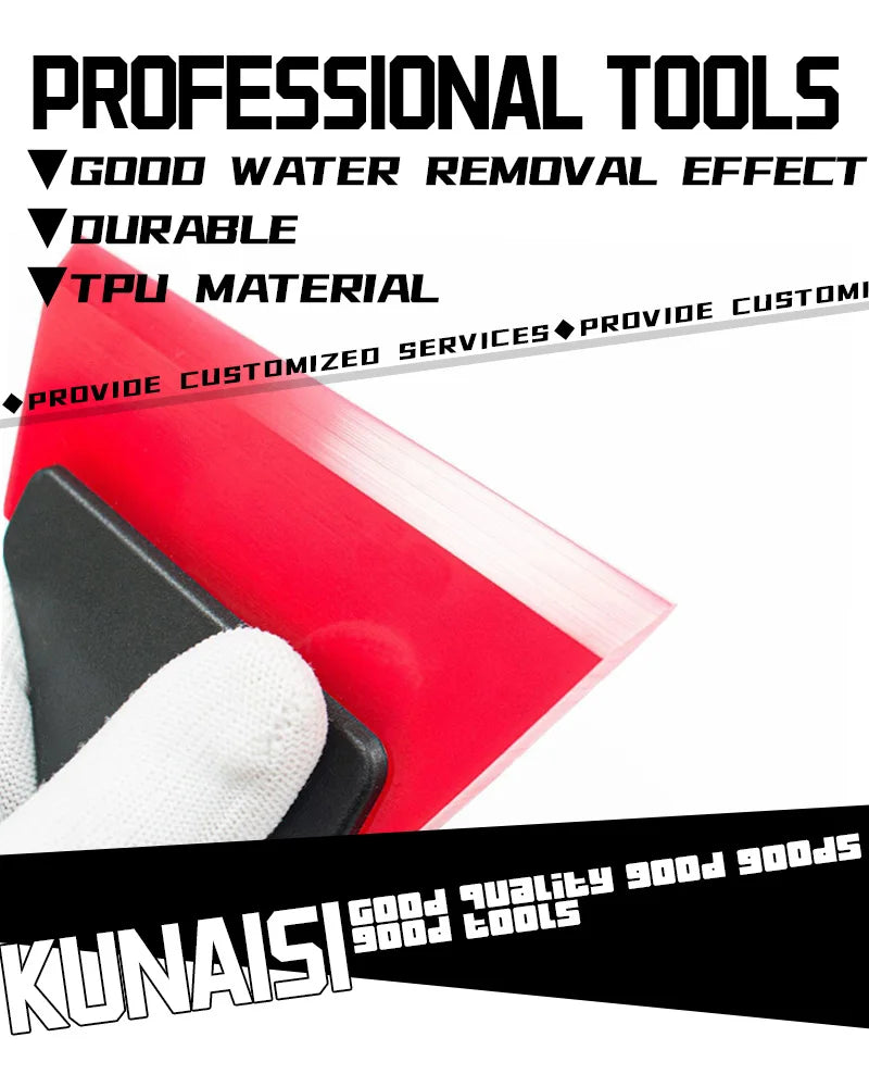 A red silicone tool is shown with a white glove, used for professional tools like water removal and durable material applicat