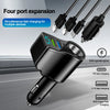 A black car charger adapter showing four port expansion capabilities and various fast charging options.