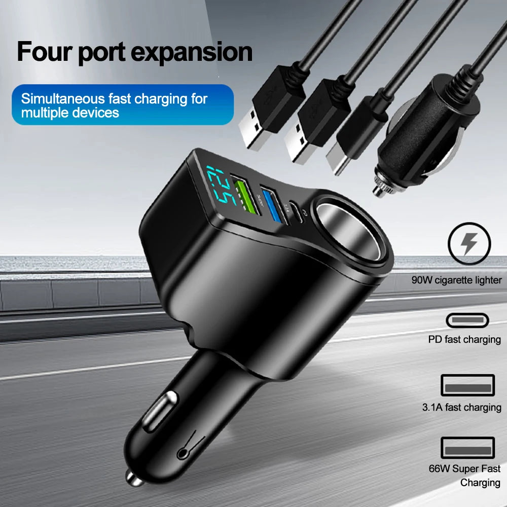 A black car charger adapter showing four port expansion capabilities and various fast charging options.