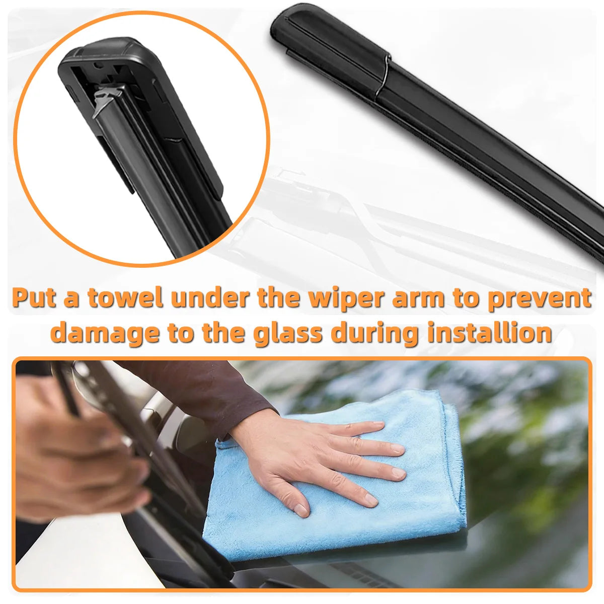 Juego de escobillas universales para coche negro con toalla para evitar daños al cristal durante la instalación.