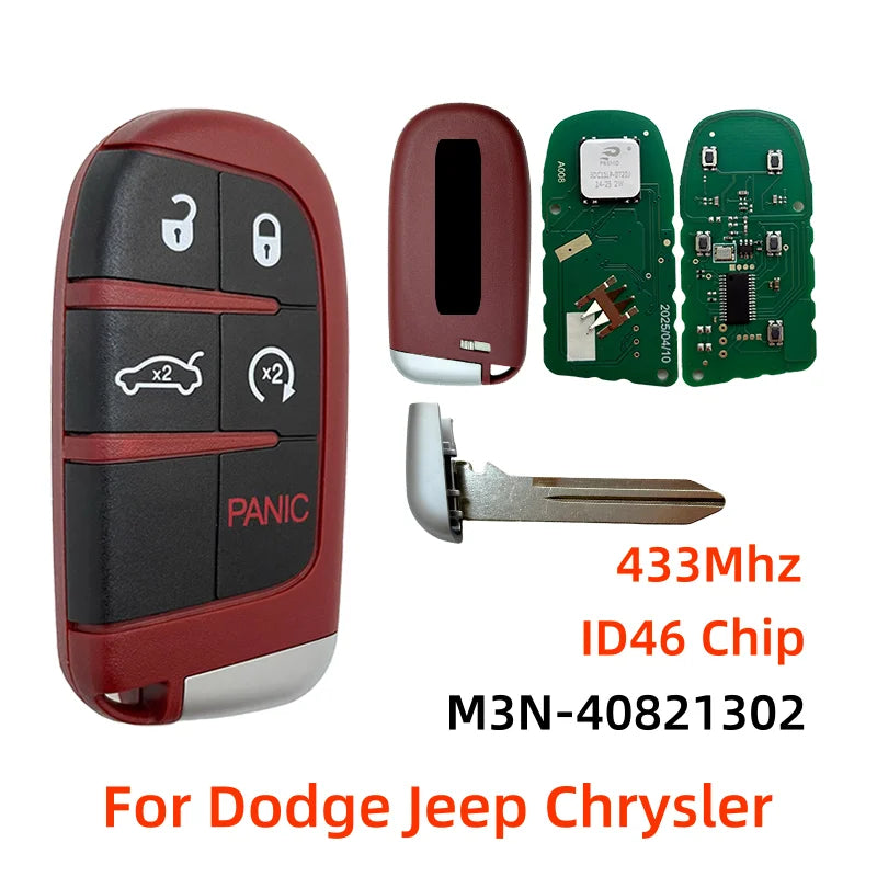 A red smart key fob with five buttons and an ID46 chip for Dodge, Jeep, and Chrysler vehicles.