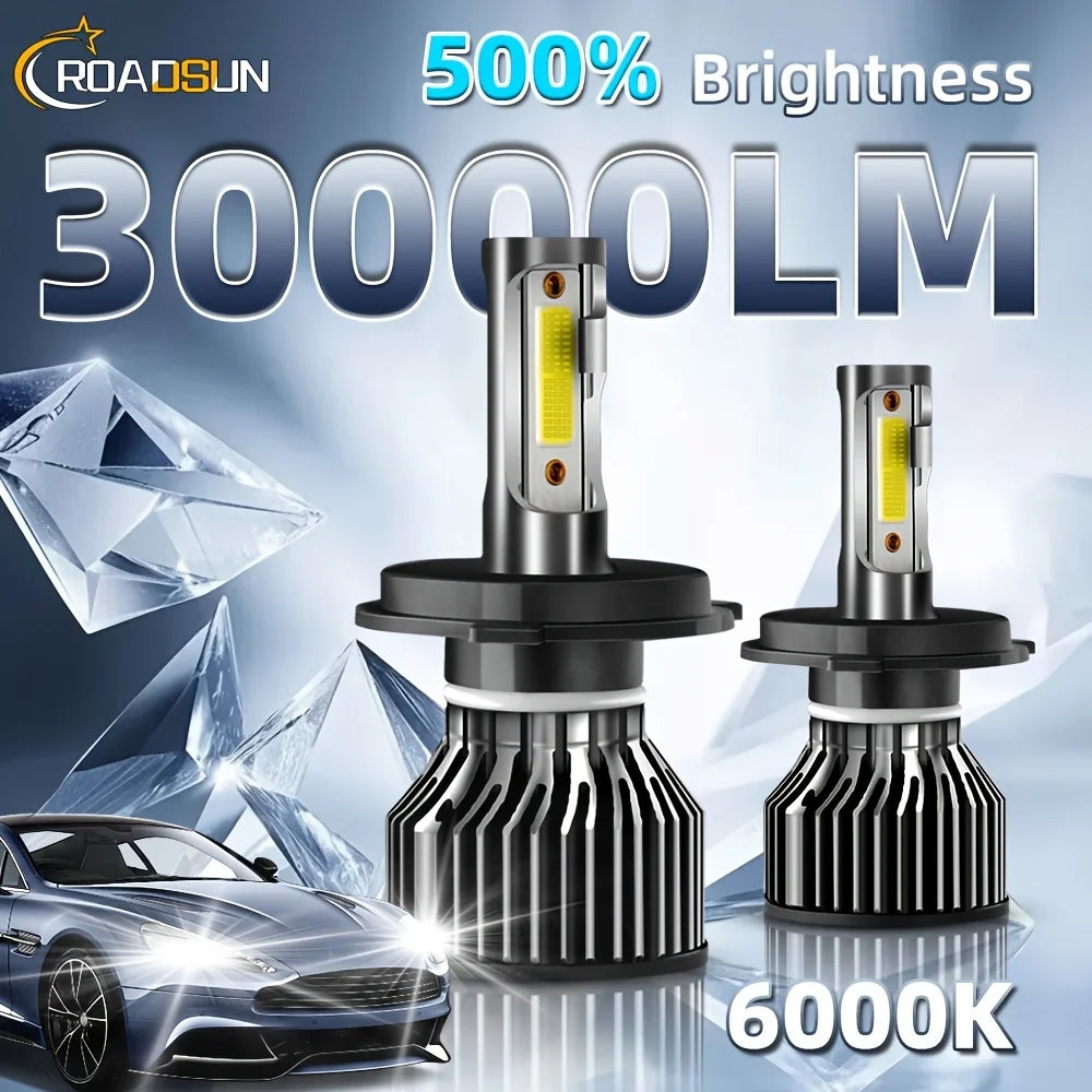 A high-intensity LED car headlight bulb with a yellow light is shown next to a modern car, highlighting 500% brightness and 3