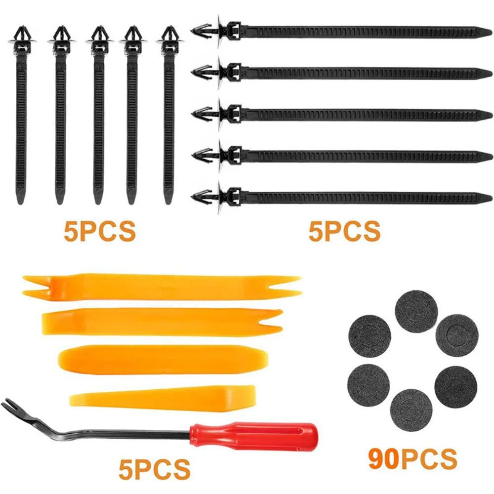 A collection of various metal fastener clips and a tool, including 5 pieces and 90 pieces.