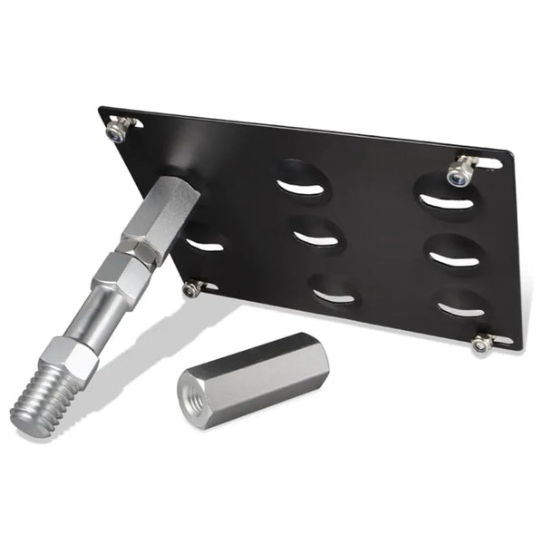 Black license plate mount with multiple holes and a threaded metal rod for vehicle mounting