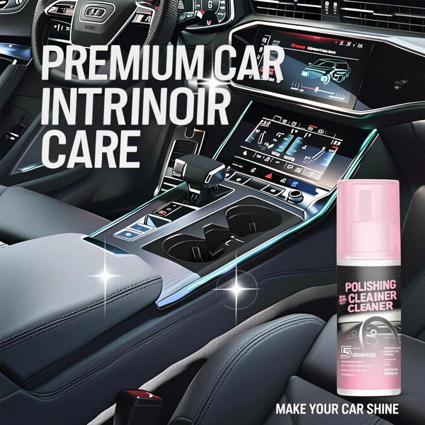 A bottle of Premium Car Intrinoir Care polishing cleaner is shown in a car interior setting.