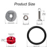 Various aluminum and steel hardware components including a bolt, washer, and black ring.