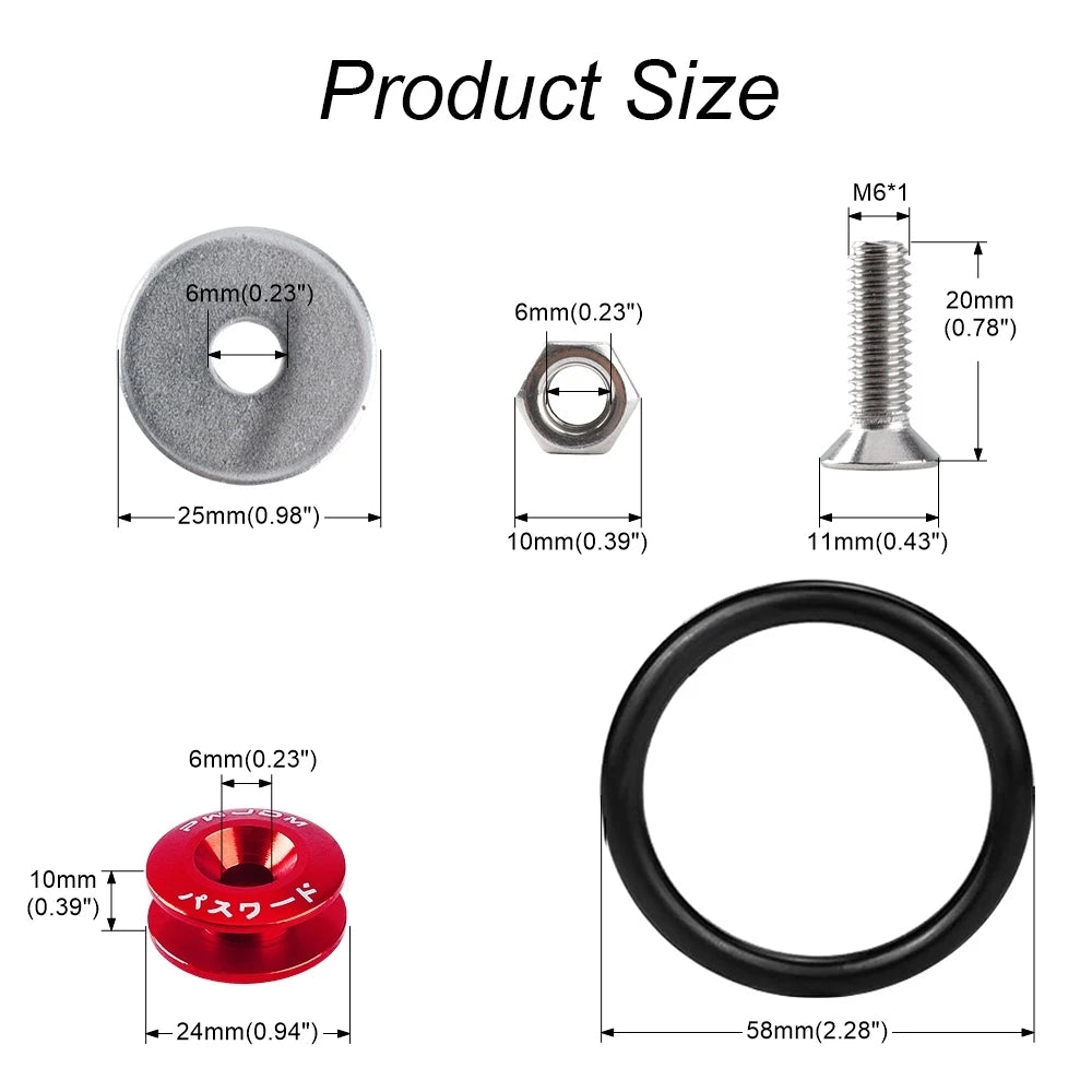 Various aluminum and steel hardware components including a bolt, washer, and black ring.