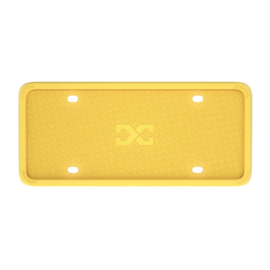 Yellow silicone license plate frame covers with four mounting holes.