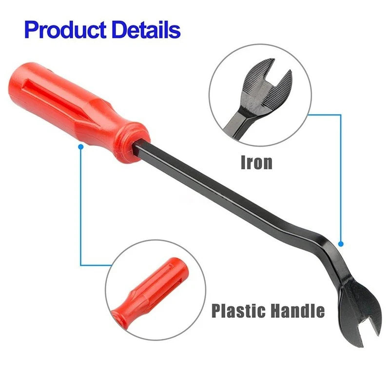 Outil en plastique rouge à pointe de fer et manche en plastique, utilisé pour fixer des clips.