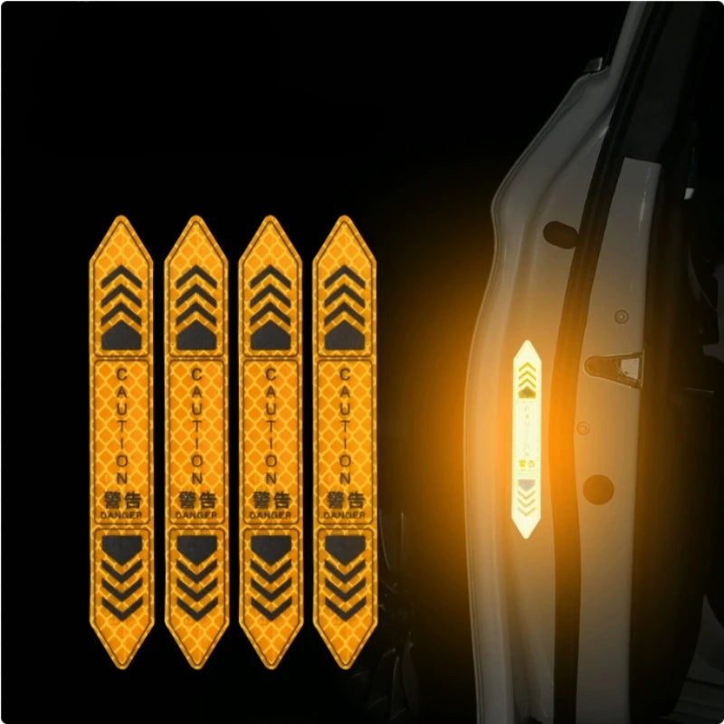 A pack of four reflective car door open warning decals with chevron patterns displayed against a black background.
