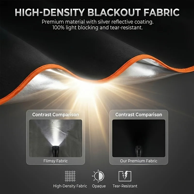 Close-up of a black blackout fabric material showing light reflection and comparison against flimsy fabric.