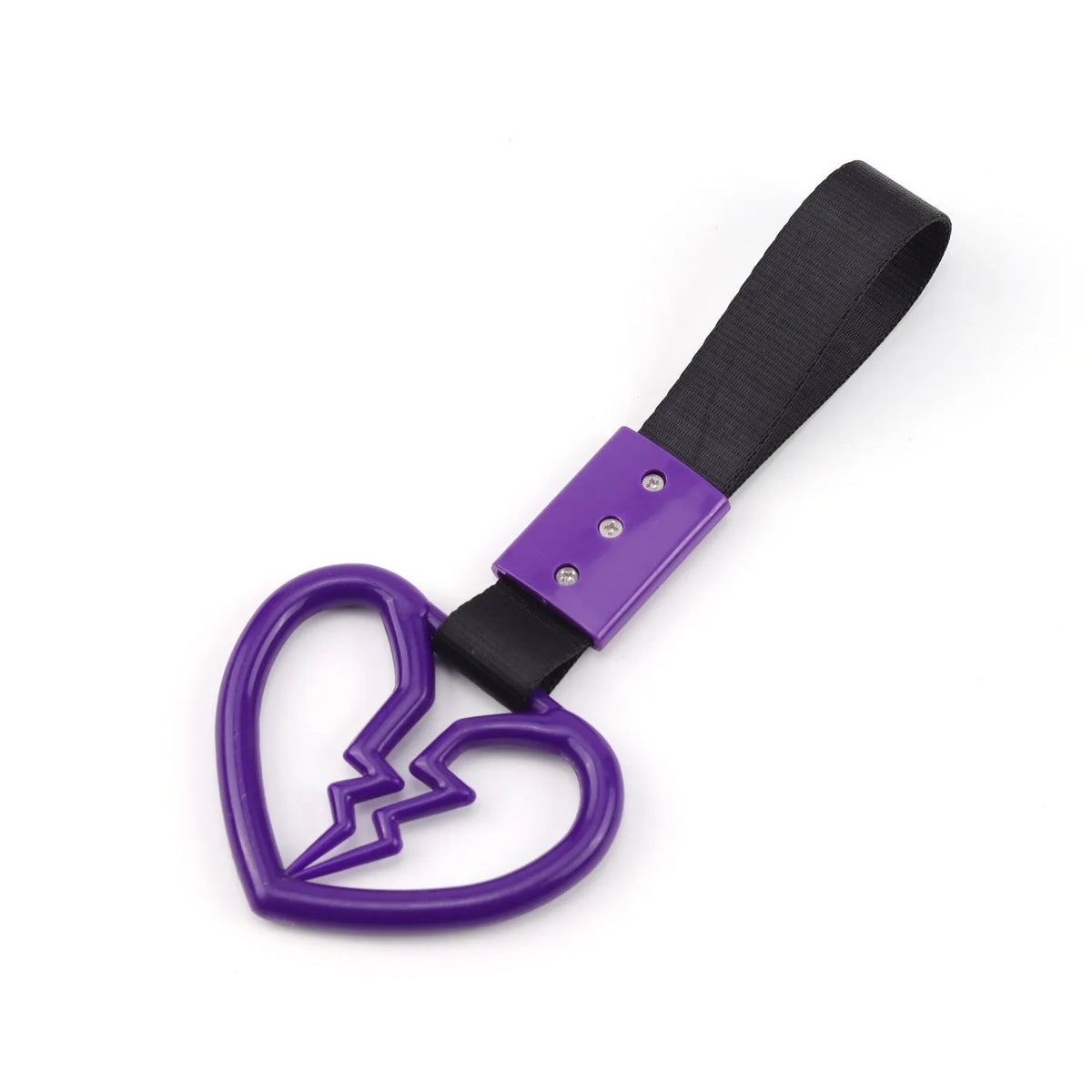 A purple strap with a black band and a lightning bolt heart charm.