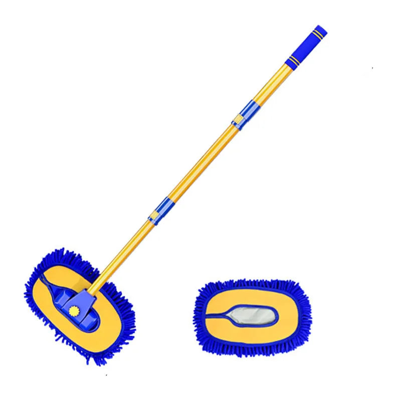 A yellow and blue telescoping car wash mop with a long handle and a yellow cleaning head.