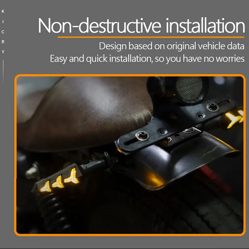 Close-up of a motorcycle handlebar with non-destructive LED turn signals installed.