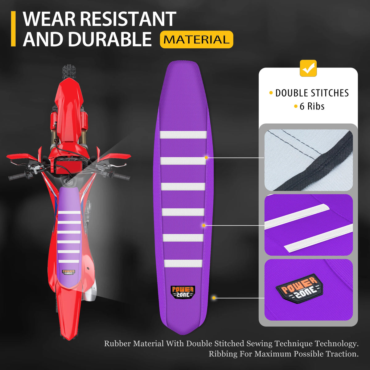 Red motorcycle seat cover made of rubber material with double stitched sewing technique.