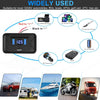 A black 4-port USB charger with a voltmeter and switch, shown alongside various vehicle and electronic applications.