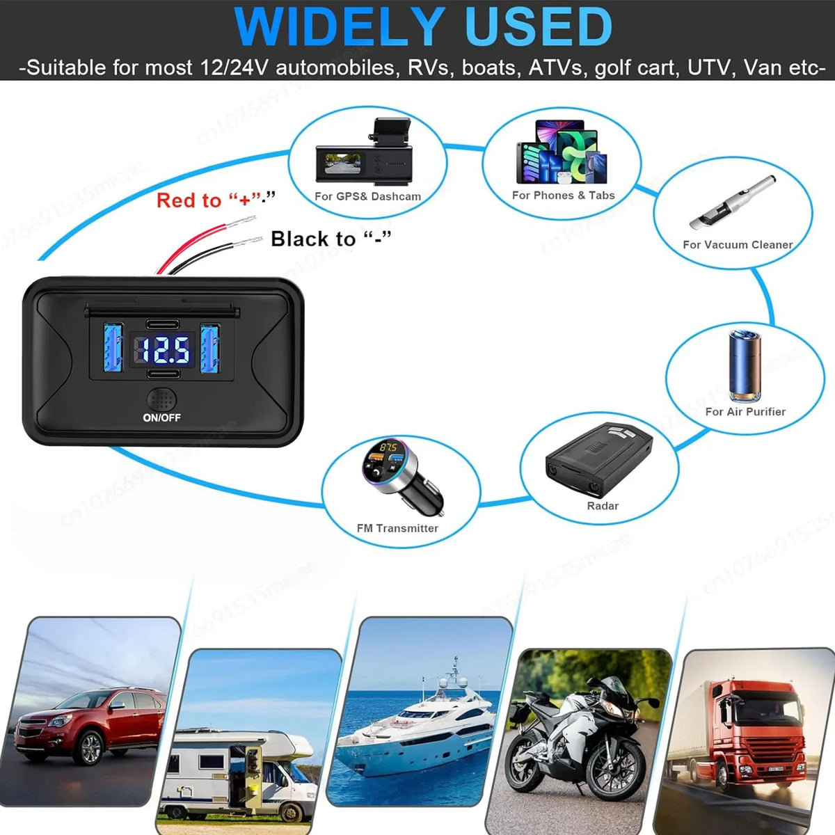 A black 4-port USB charger with a voltmeter and switch, shown alongside various vehicle and electronic applications.
