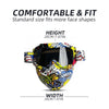 A pair of tactical full face motorcycle goggles with a colorful, patterned frame and clear lenses.