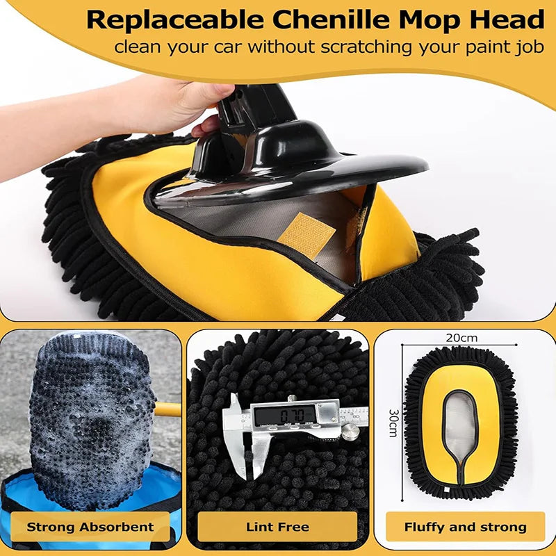A yellow mop head with a black cover is shown, highlighting its replaceable design and strong absorbent fibers.