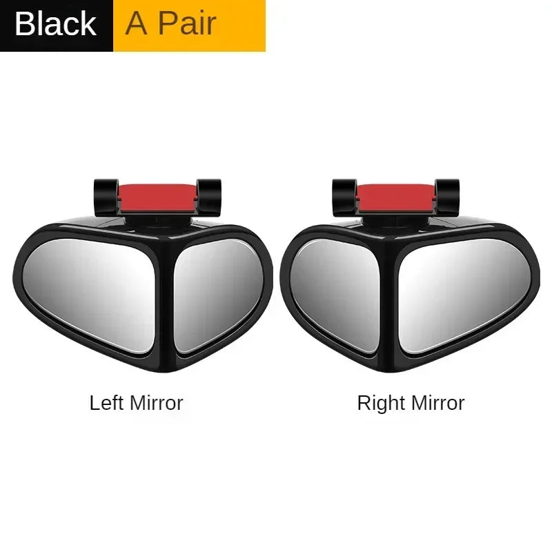 A pair of black car blind spot mirrors, showing the left and right mirror views.