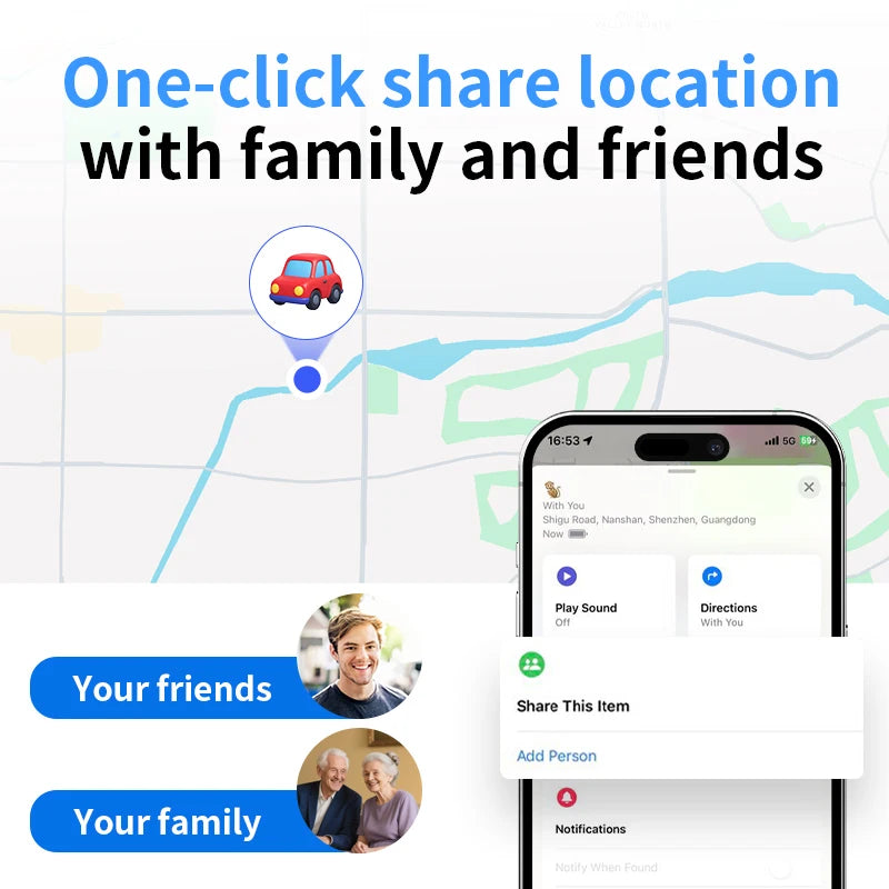 A mobile screen shows a map location feature for sharing with friends and family.