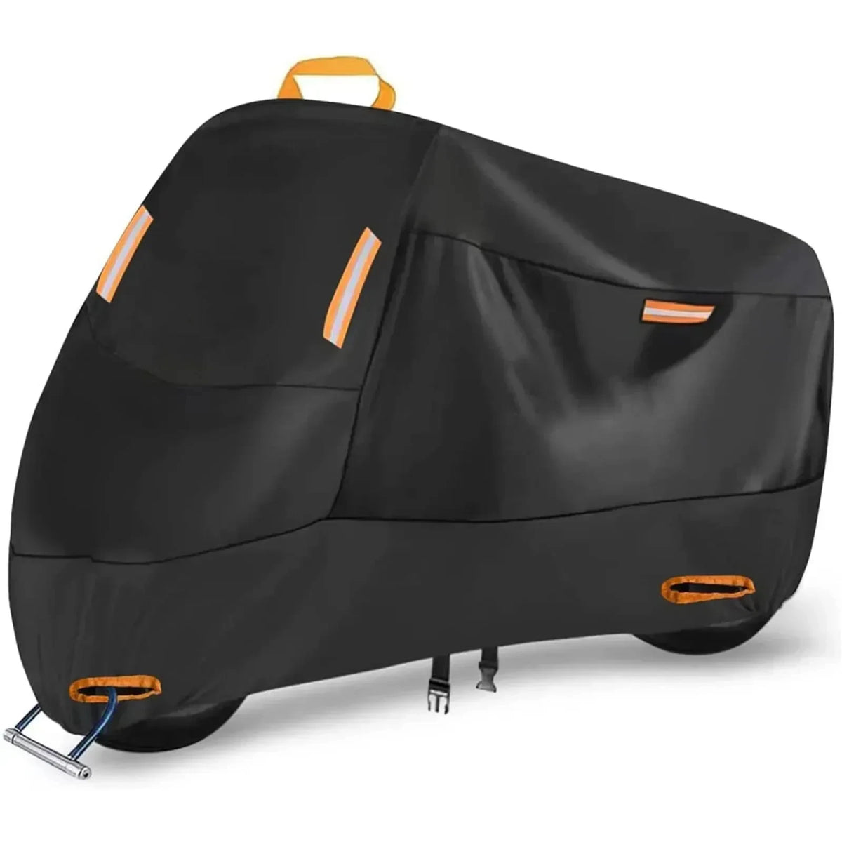 Black all-season motorcycle cover with orange accents shown from the side.