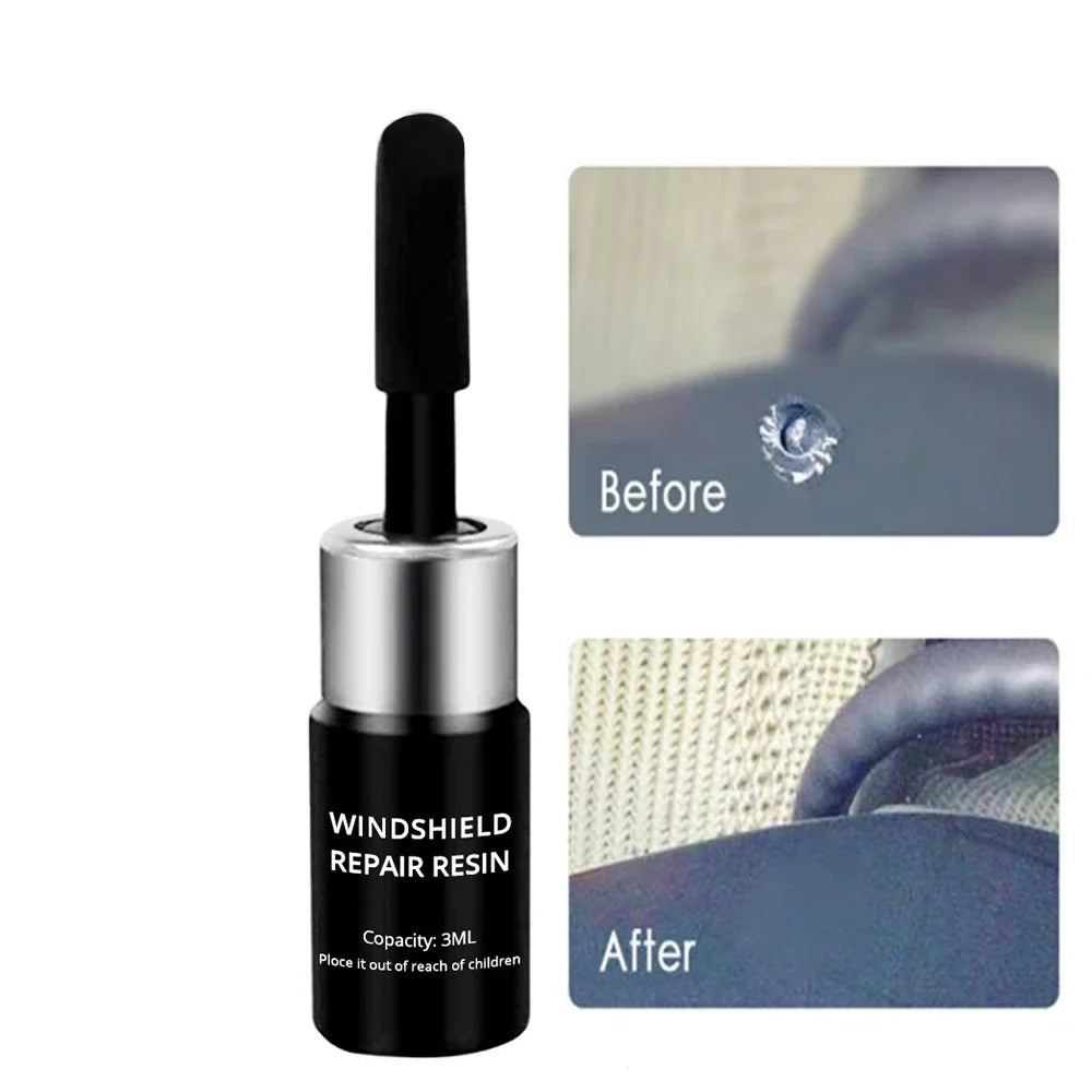 A black glass bottle containing windshield repair resin, shown before and after application on a car surface.
