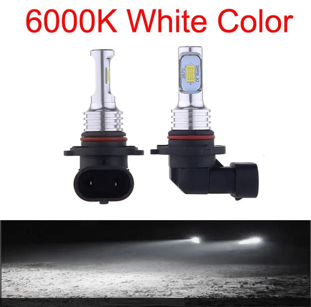 Two 6000K white color LED headlight bulbs shown next to a dark background and a light beam effect.