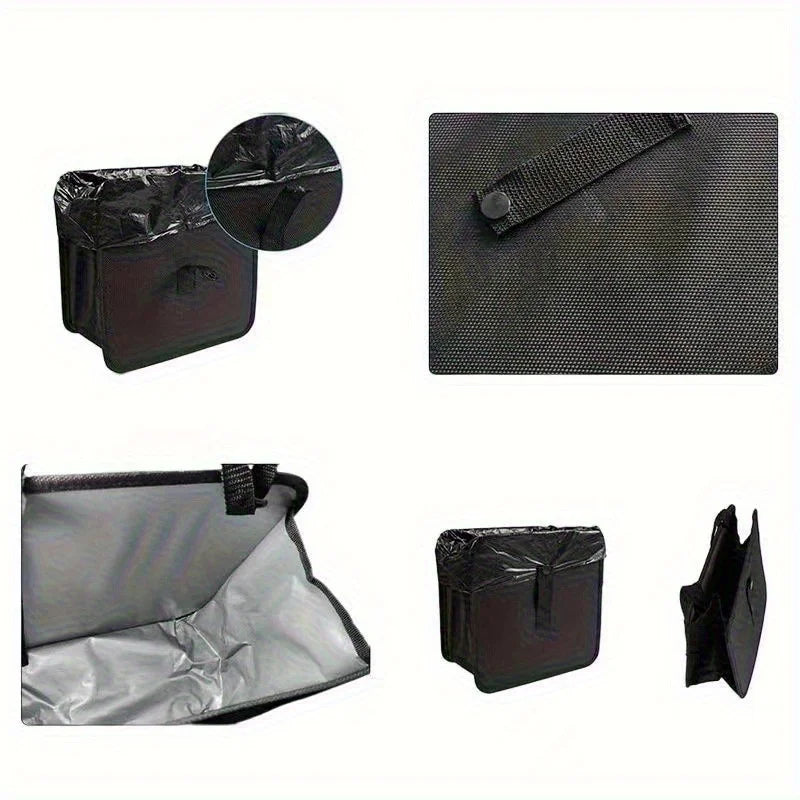 Car trash organizer featuring a black liner and a silver-gray storage bag with a strap.