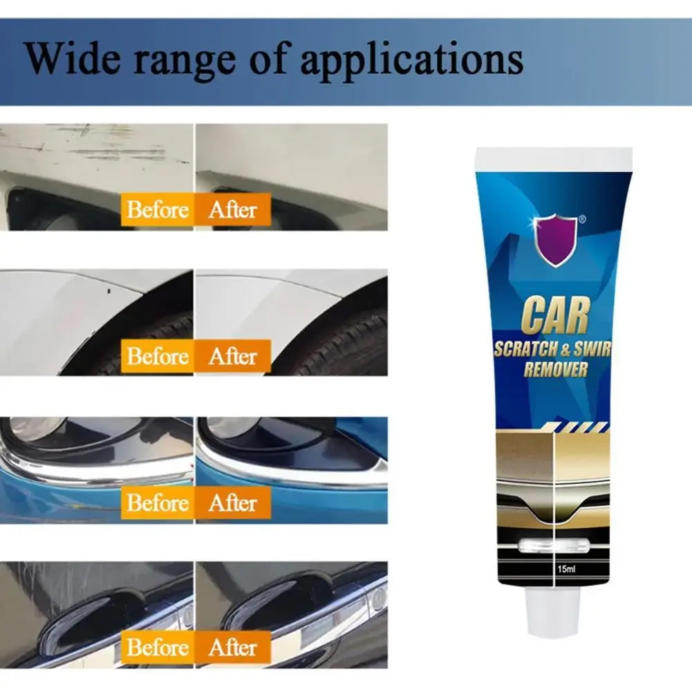 A bottle of car scratch and swirl remover polish with various before and after application examples.