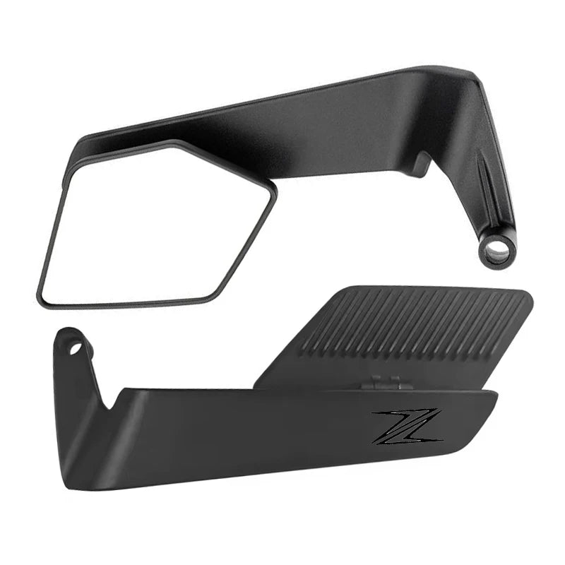 A black adjustable motorcycle side mirror assembly shown from the side.