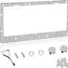 Silver rhinestone license plate frame with mounting hardware and decorative elements