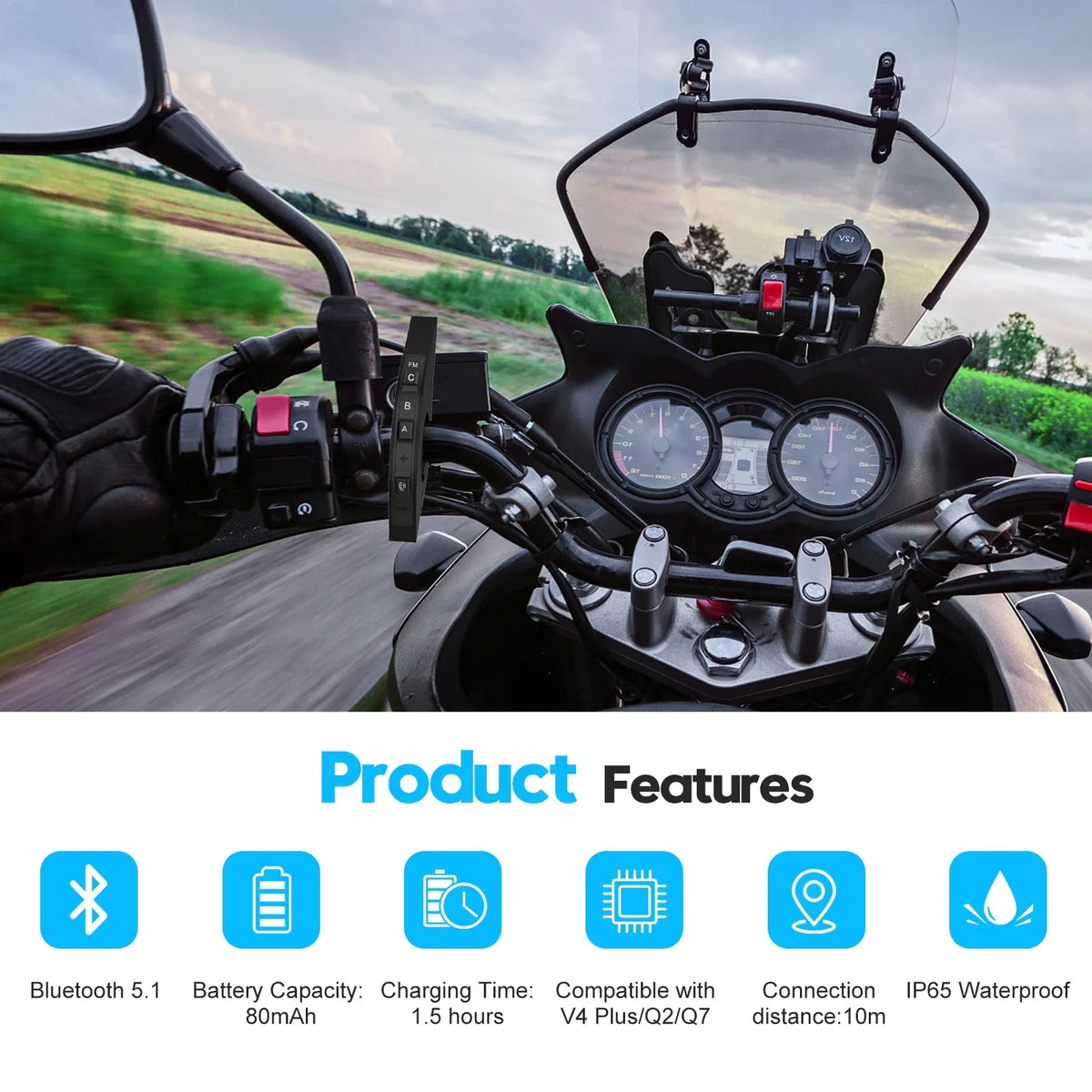 A close-up view of a motorcycle Bluetooth intercom helmet system mounted on the handlebars.