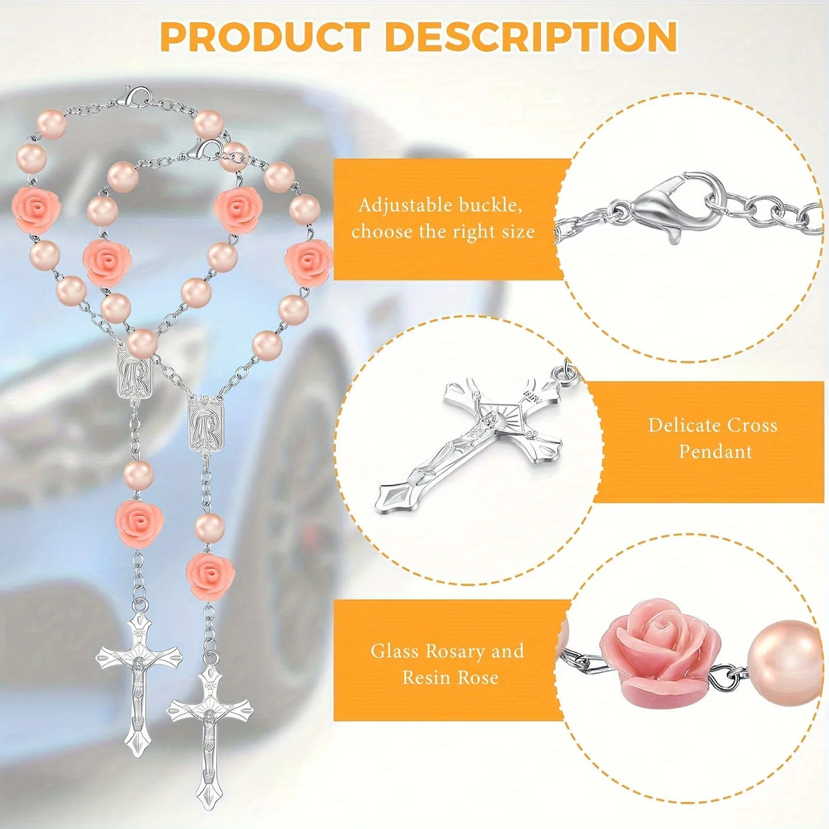 A silver Catholic rosary with rose beads and a cross pendant is displayed next to various components.
