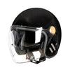 A black retro motorcycle helmet with a clear visor and leather accents.