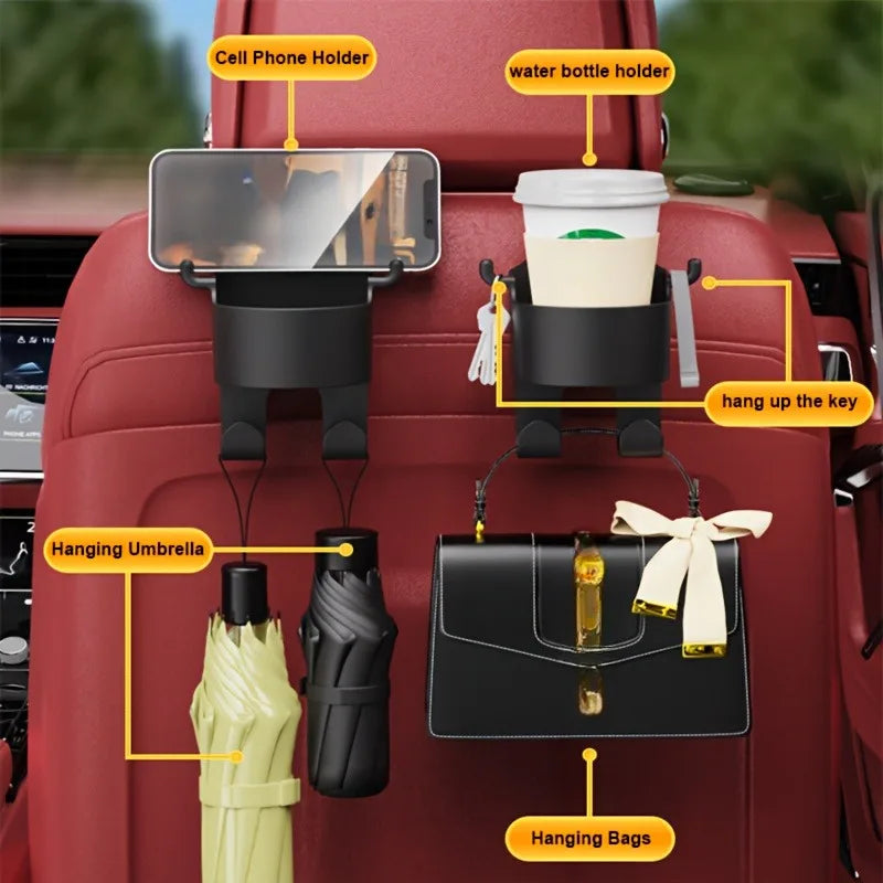 Various hooks and holders for cell phones, water bottles, keys, umbrellas, and bags mounted on a red car seat.