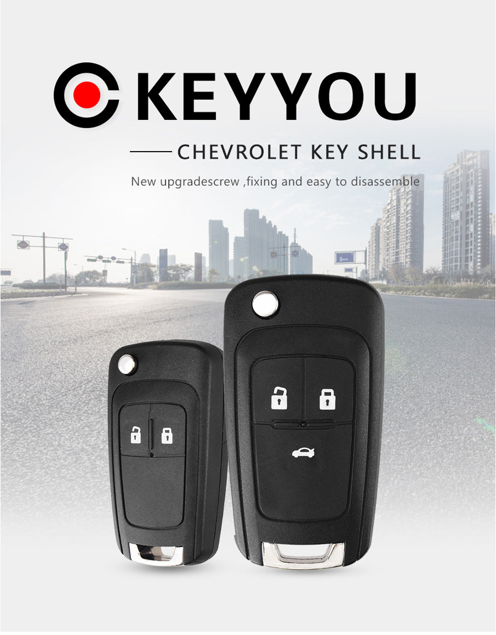 A pair of black Chevrolet key shells showing upgrades for fixing and easy disassembly.