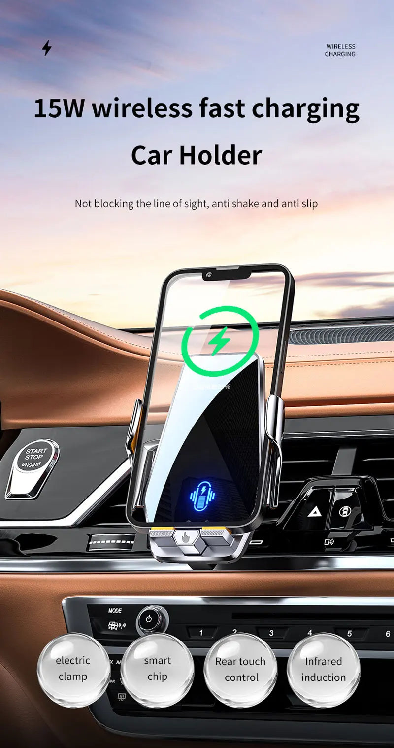 A smartphone is shown being wirelessly charged by a car holder, demonstrating 15W wireless fast charging capability.