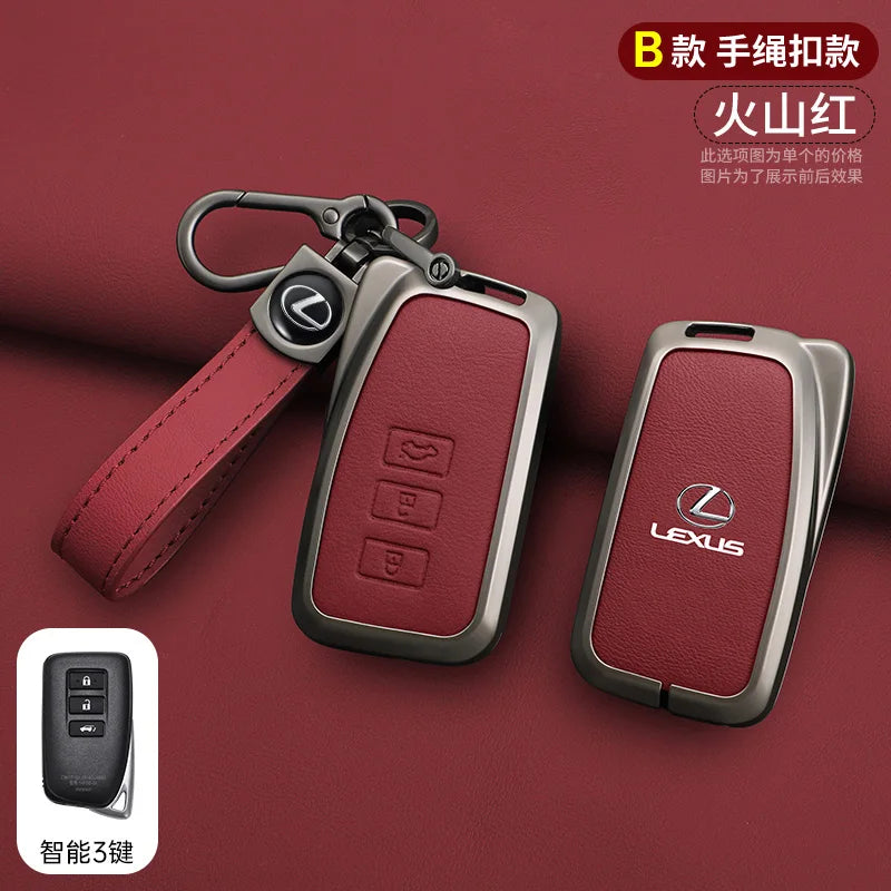 A red Lexus car key cover shell with a leather strap and a smart key inside.