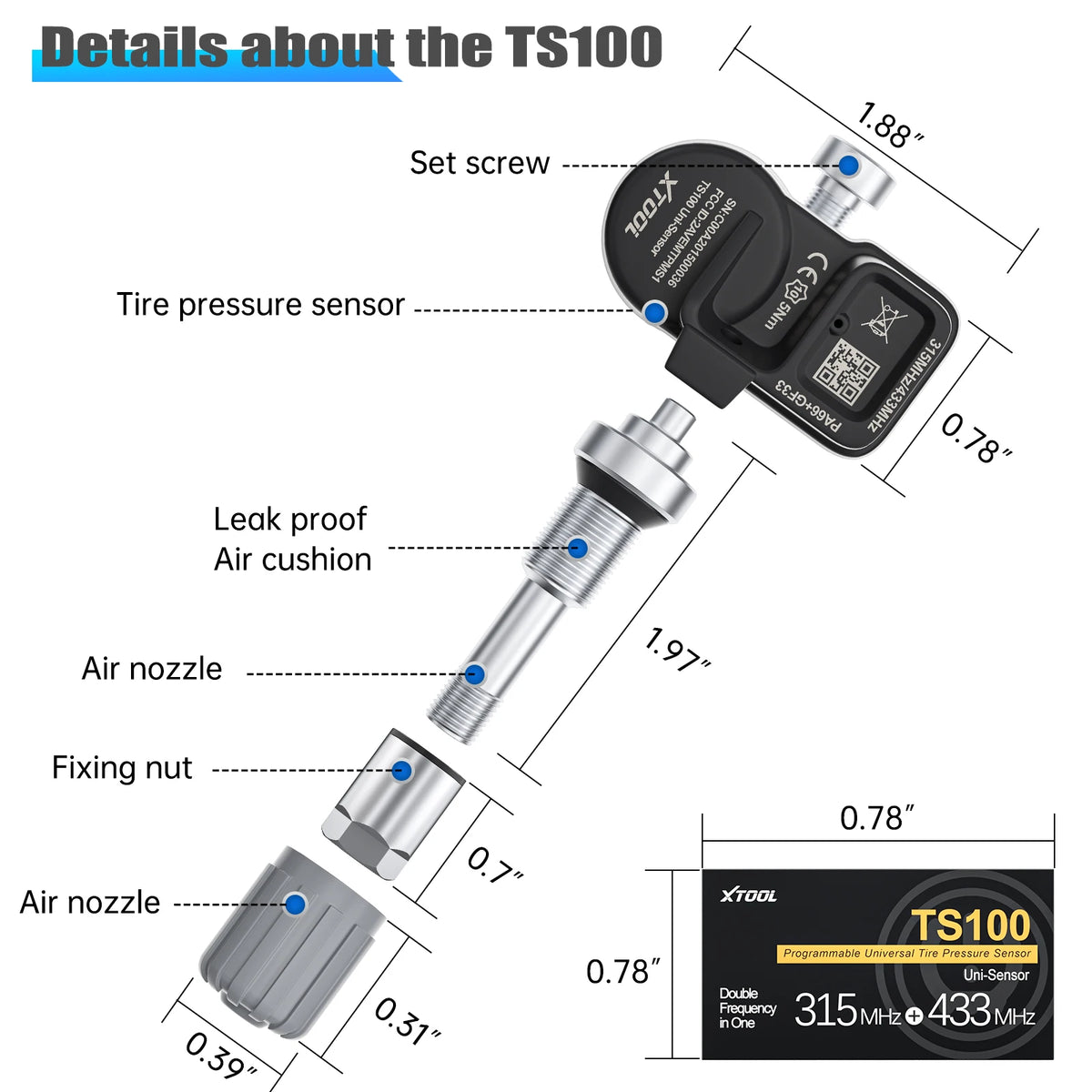رسم تخطيطي يوضح مكونات وأبعاد نظام حساس ضغط الإطارات TS100.
