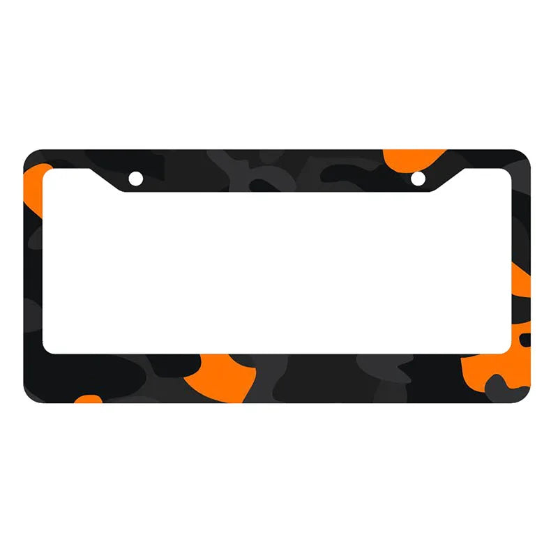 Black and orange camouflage license plate cover with a rectangular cutout.