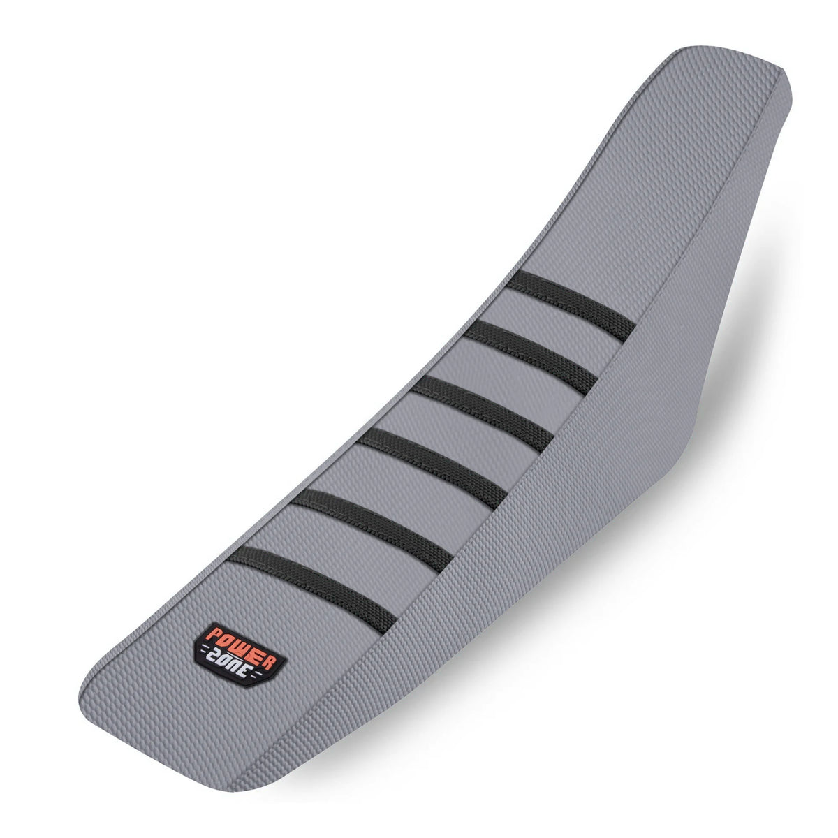 A gray ribbed motorcycle seat cover with black stripes shown from the side.