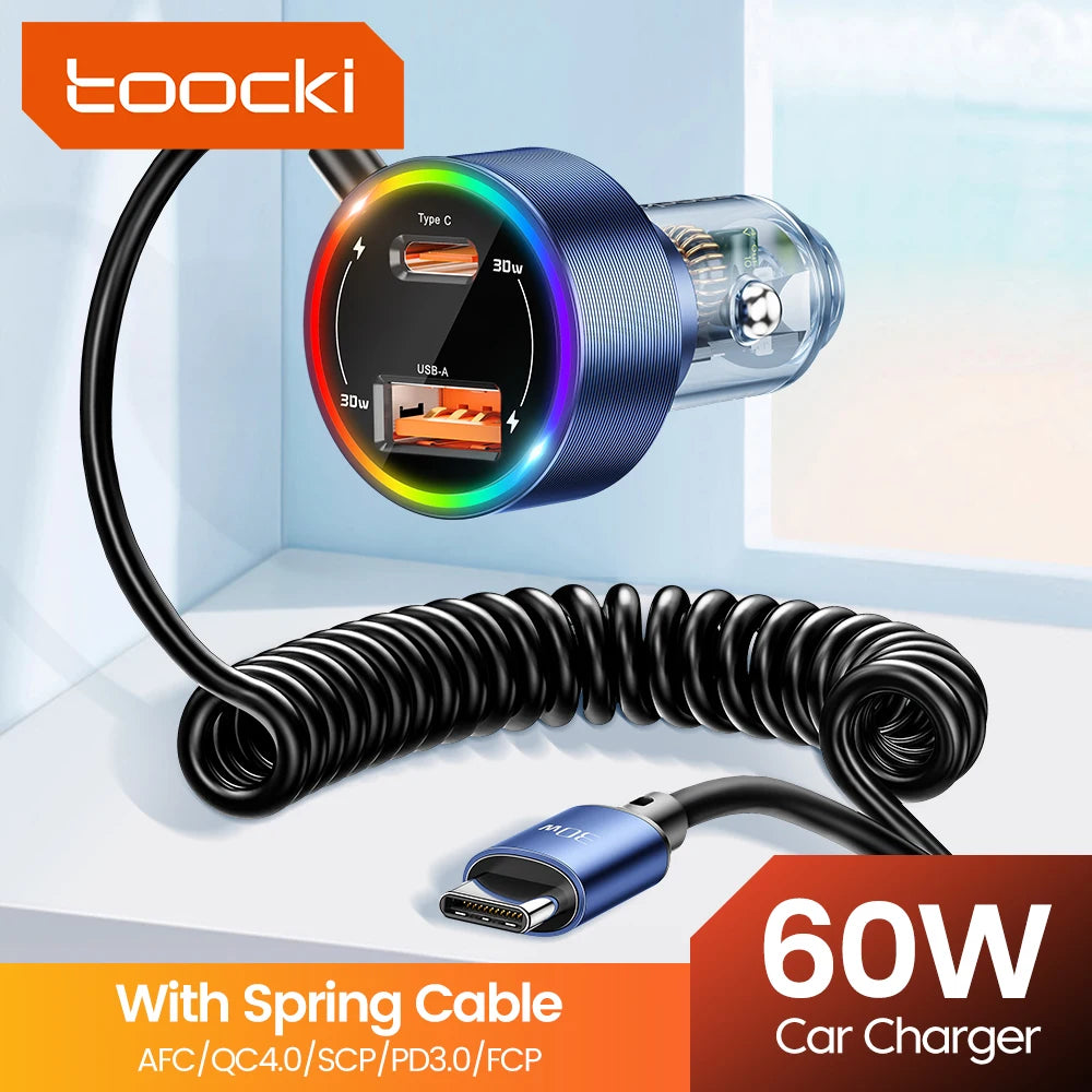 A blue and black 60W car charger with a spring cable is shown, featuring USB-A and Type-C ports.