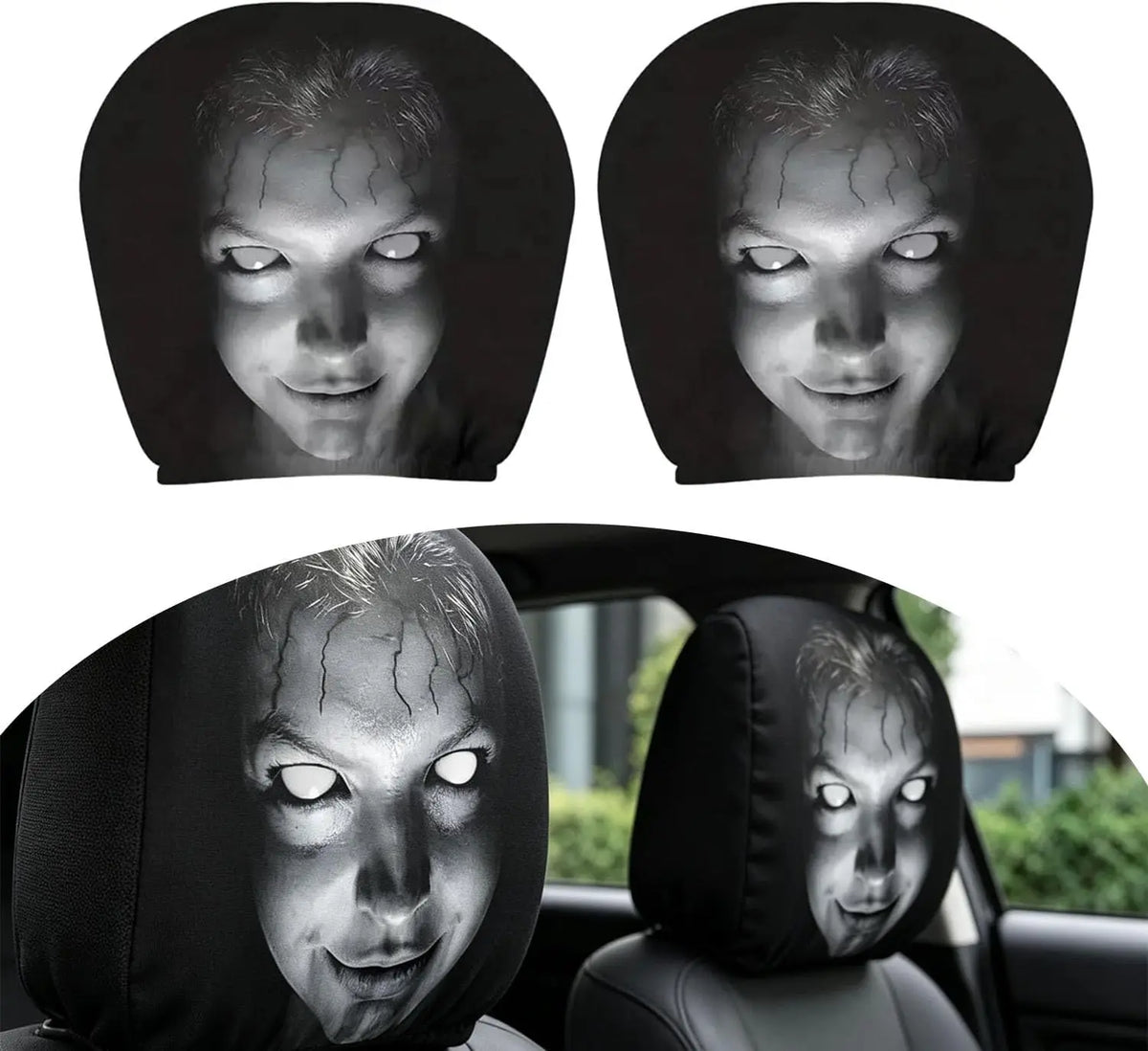 Un par de fundas para la cabeza de Ghost Face para coche, mostrando un diseño de máscara amenazadora.